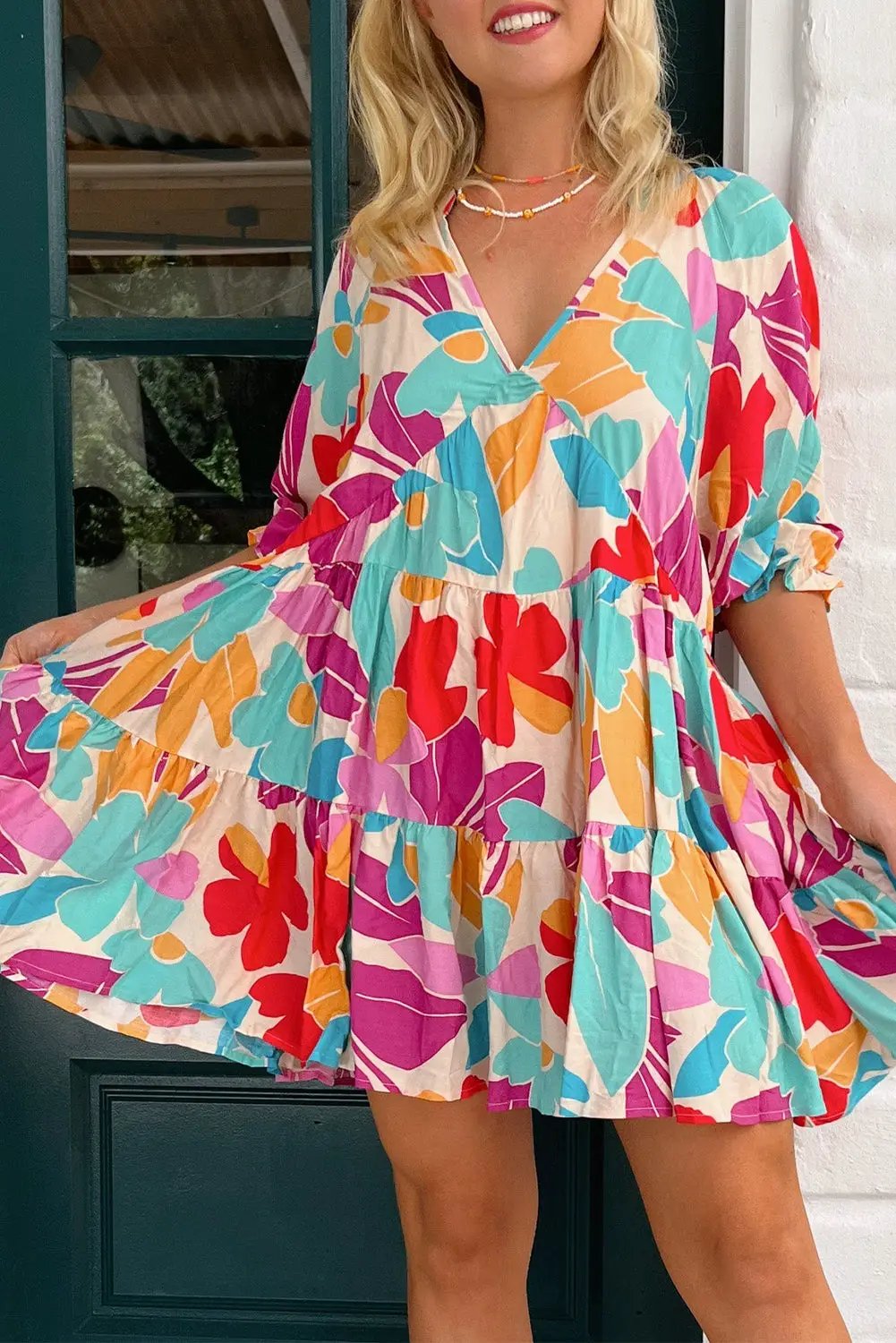 Grateful Threads Boutique Rose Red Floral Bubble Sleeve V Neck Tiered Ruffle Babydoll Dress - Dresses Rose Red Floral Bubble Sleeve V Neck Tiered Ruffle Babydoll Dress