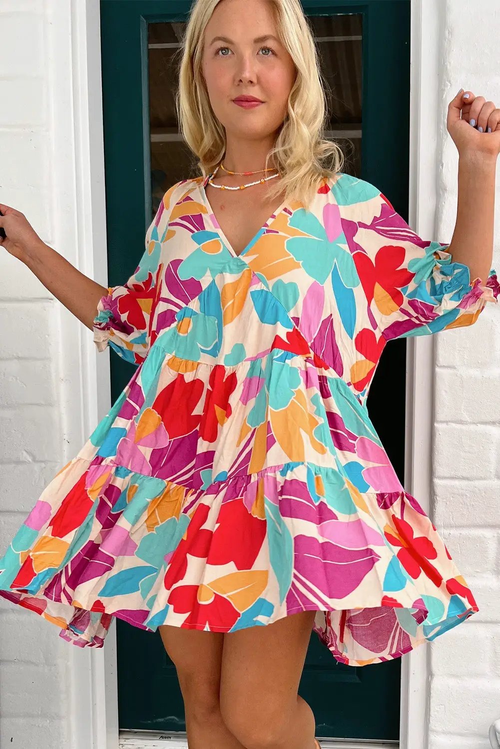 Grateful Threads Boutique Rose Red Floral Bubble Sleeve V Neck Tiered Ruffle Babydoll Dress - Dresses Rose Red Floral Bubble Sleeve V Neck Tiered Ruffle Babydoll Dress