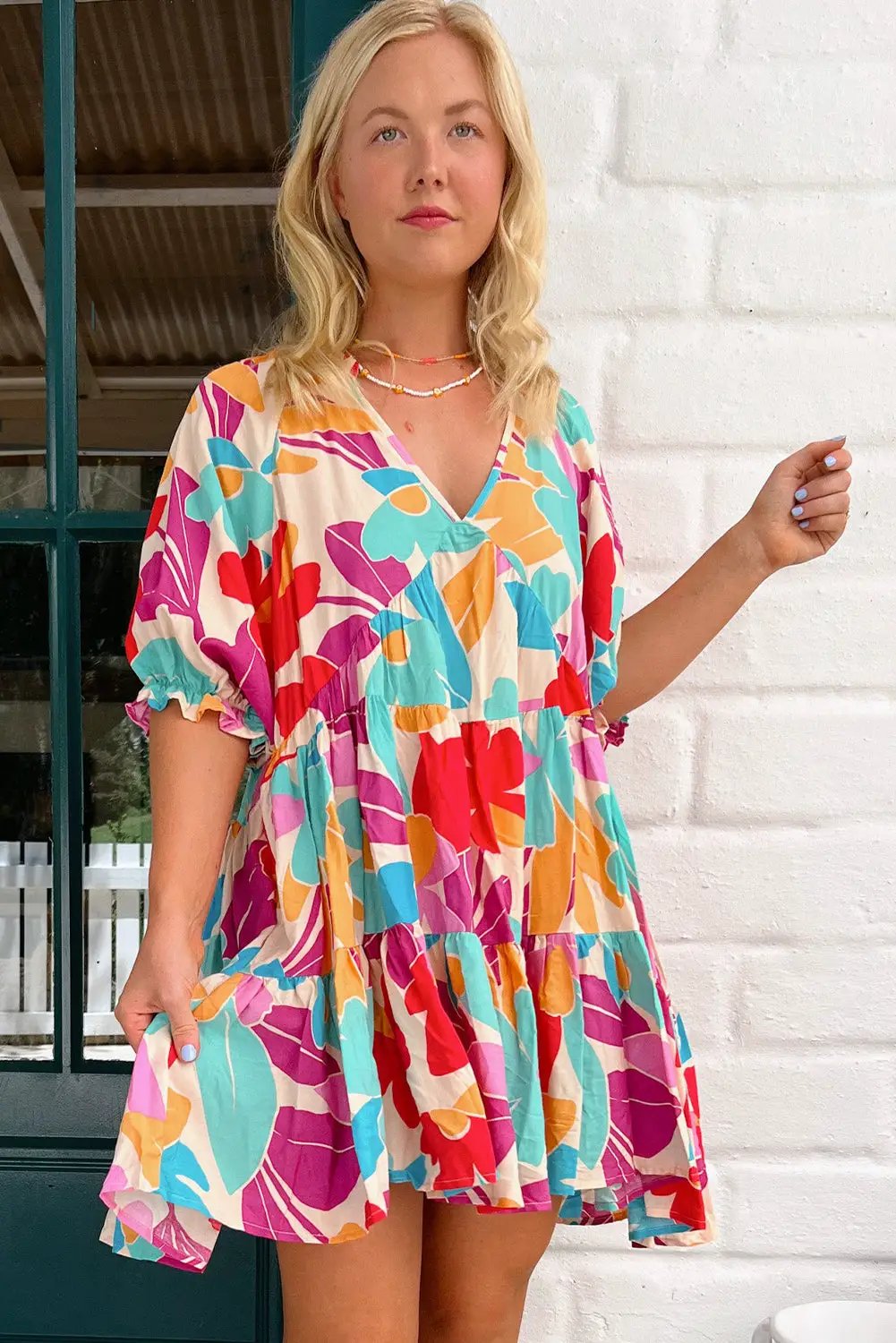 Grateful Threads Boutique Rose Red Floral Bubble Sleeve V Neck Tiered Ruffle Babydoll Dress - Dresses Rose Red Floral Bubble Sleeve V Neck Tiered Ruffle Babydoll Dress