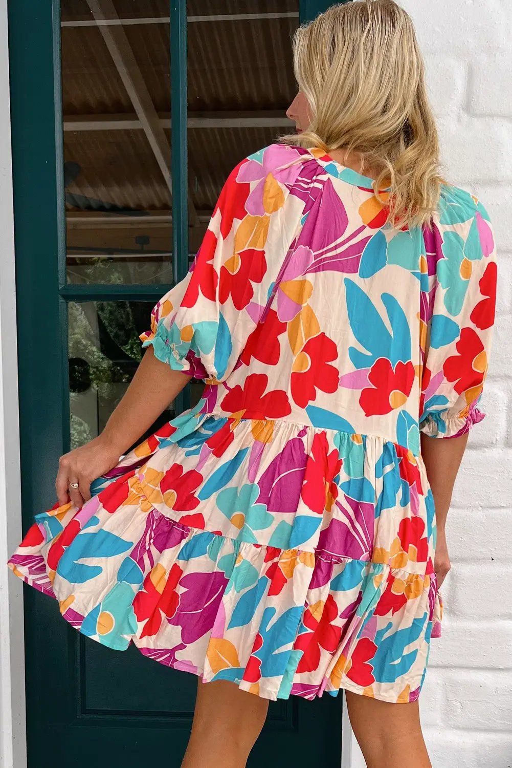 Grateful Threads Boutique Rose Red Floral Bubble Sleeve V Neck Tiered Ruffle Babydoll Dress - Dresses Rose Red Floral Bubble Sleeve V Neck Tiered Ruffle Babydoll Dress
