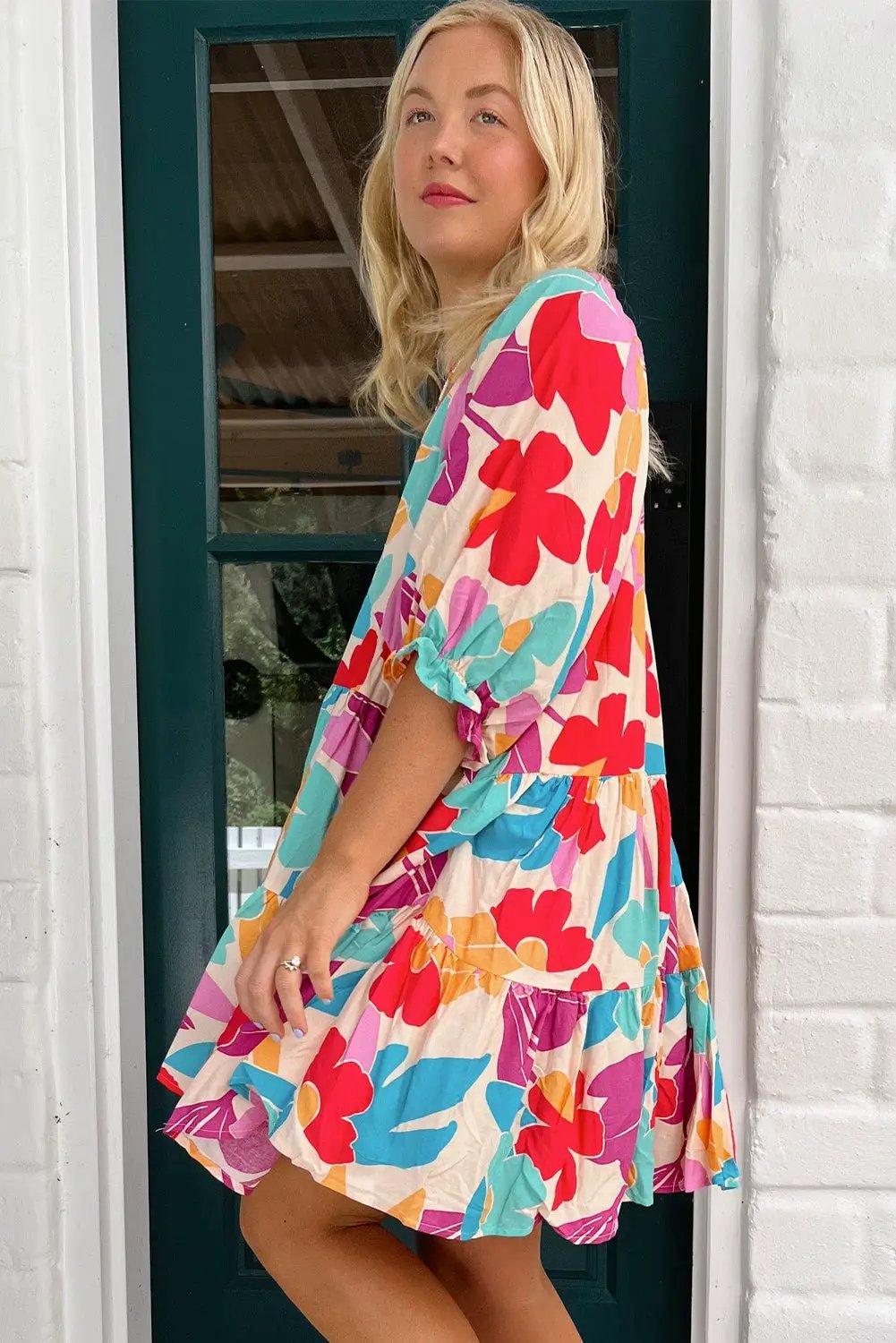 Grateful Threads Boutique Rose Red Floral Bubble Sleeve V Neck Tiered Ruffle Babydoll Dress - Dresses Rose Red Floral Bubble Sleeve V Neck Tiered Ruffle Babydoll Dress