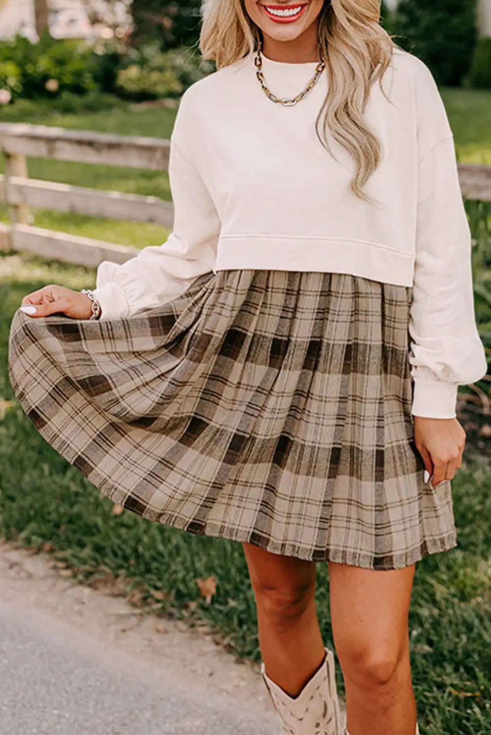 Grateful Threads Boutique Beige Plaid Patchwork High Waist Mini Dress - Dresses