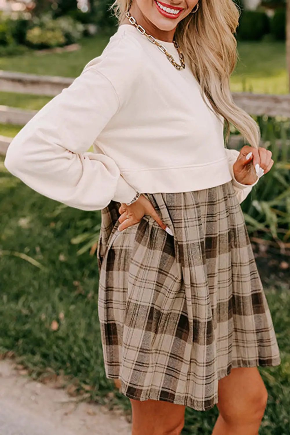 Grateful Threads Boutique Beige Plaid Patchwork High Waist Mini Dress - Dresses