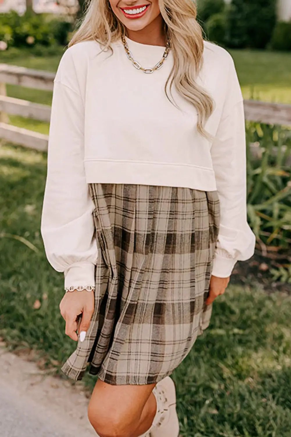 Grateful Threads Boutique Beige Plaid Patchwork High Waist Mini Dress - Dresses
