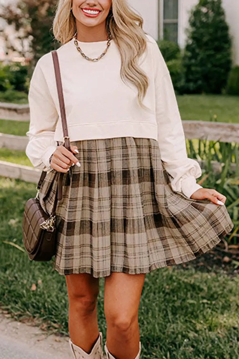 Grateful Threads Boutique Beige Plaid Patchwork High Waist Mini Dress - Dresses
