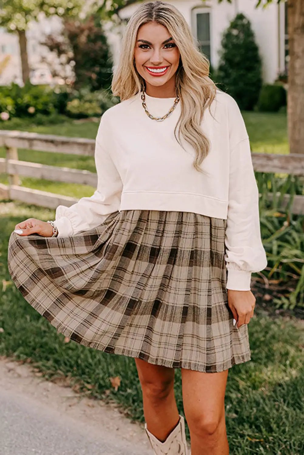 Grateful Threads Boutique Beige Plaid Patchwork High Waist Mini Dress - Dresses