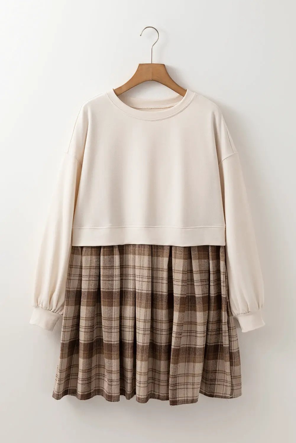 Grateful Threads Boutique Beige Plaid Patchwork High Waist Mini Dress - Dresses