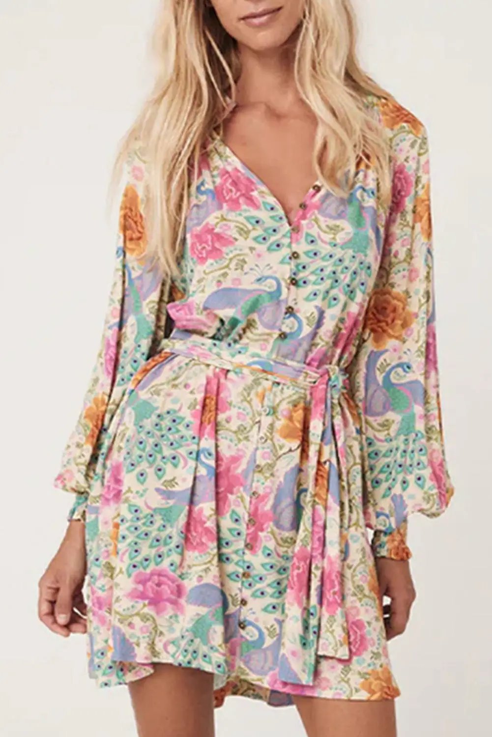 Grateful Threads Boutique Floral Print Bubble Sleeve Mini Dress - Dresses