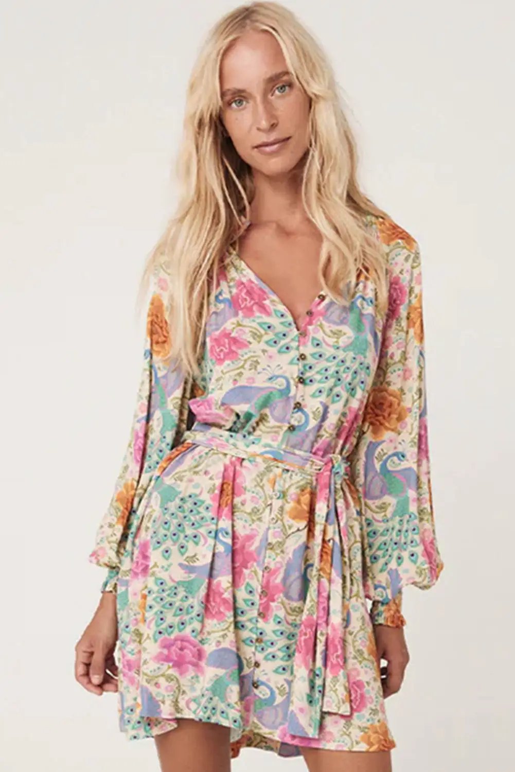 Grateful Threads Boutique Floral Print Bubble Sleeve Mini Dress - Dresses