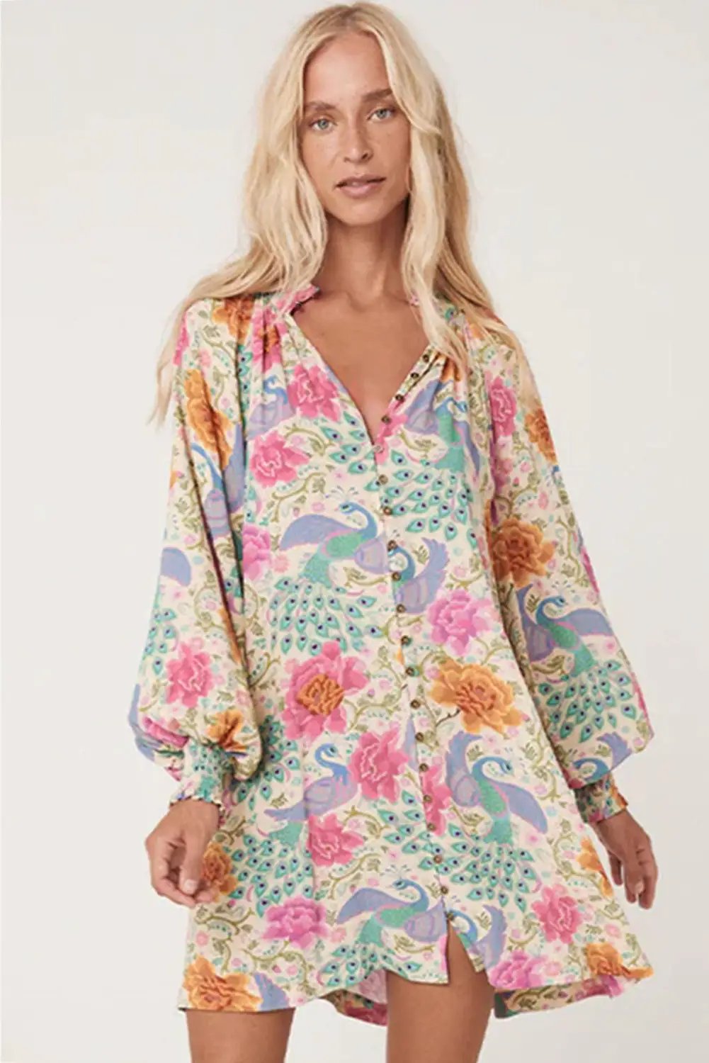 Grateful Threads Boutique Floral Print Bubble Sleeve Mini Dress - Dresses