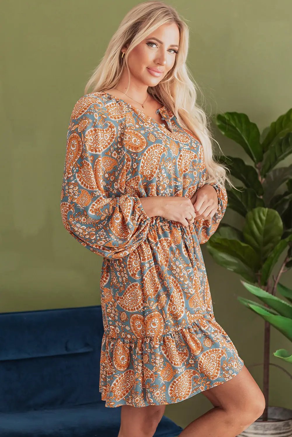 Grateful Threads Boutique Orange Paisley High Waist Mini Dress - Dresses