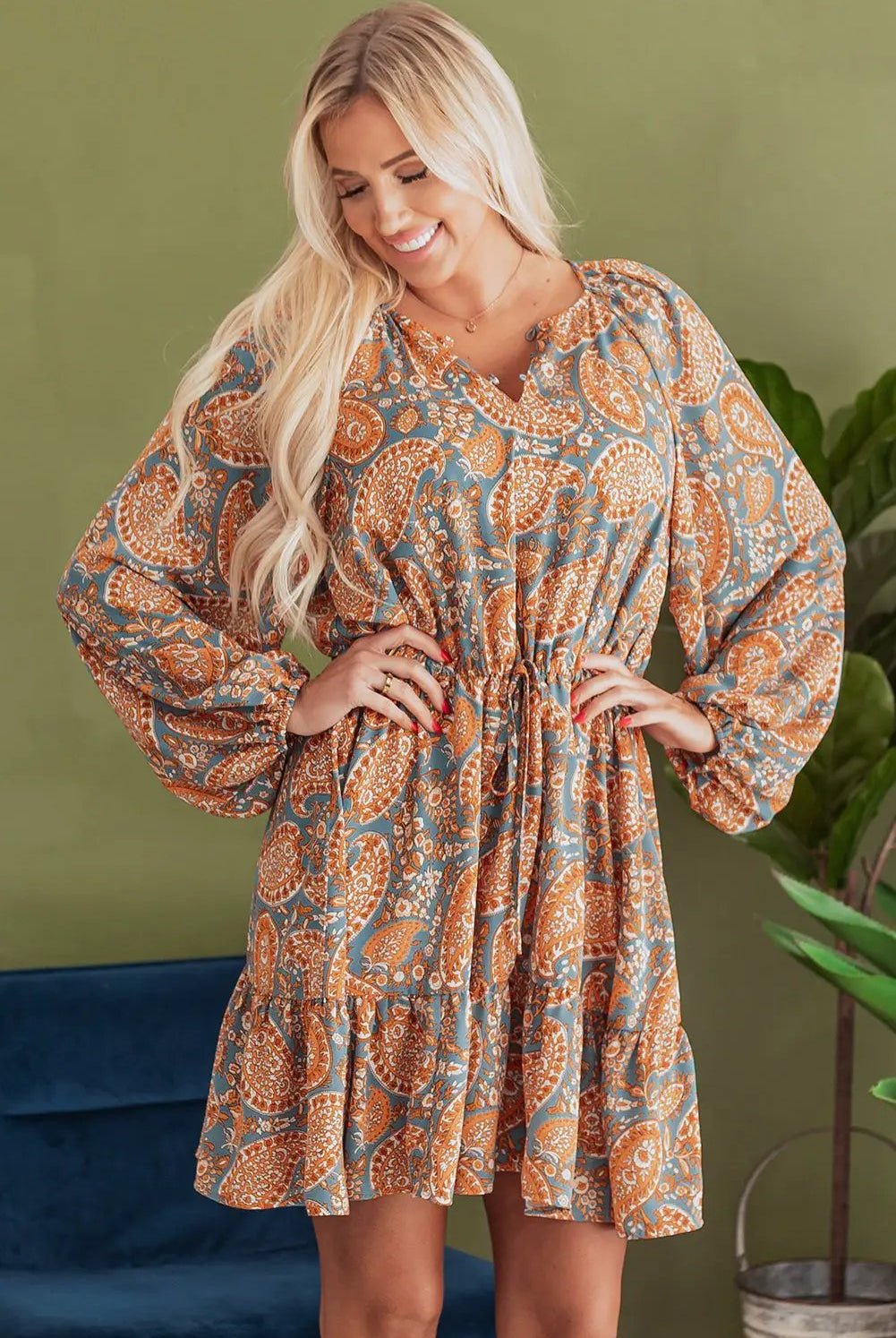 Grateful Threads Boutique Orange Paisley High Waist Mini Dress - Dresses