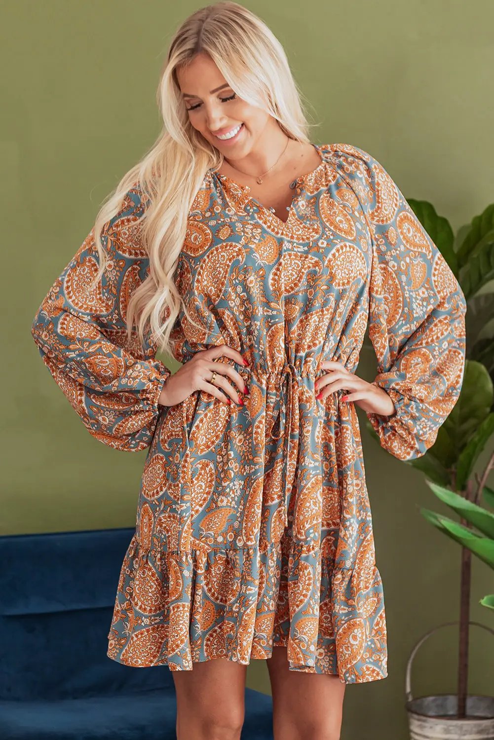 Grateful Threads Boutique Orange Paisley High Waist Mini Dress - Dresses