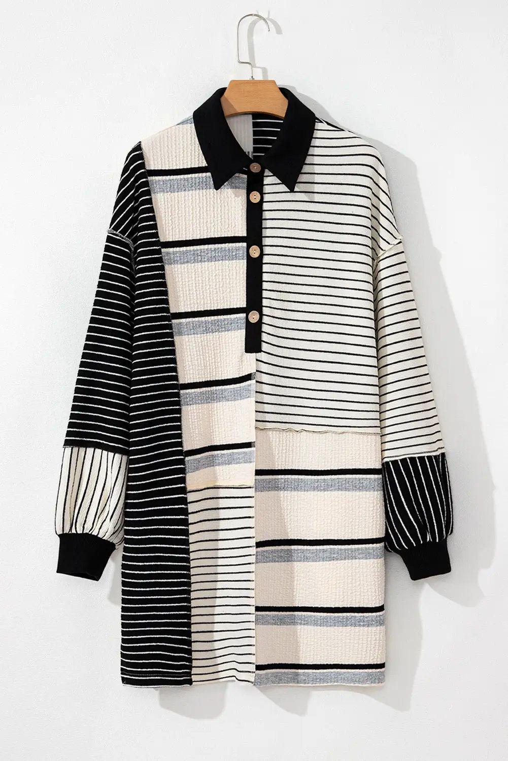 Grateful Threads Boutique City Stripe Collared Henley Dress - Dresses Black Stripe Colorblock Knit Henley Collar Shift Long Sleeve Mini Dress