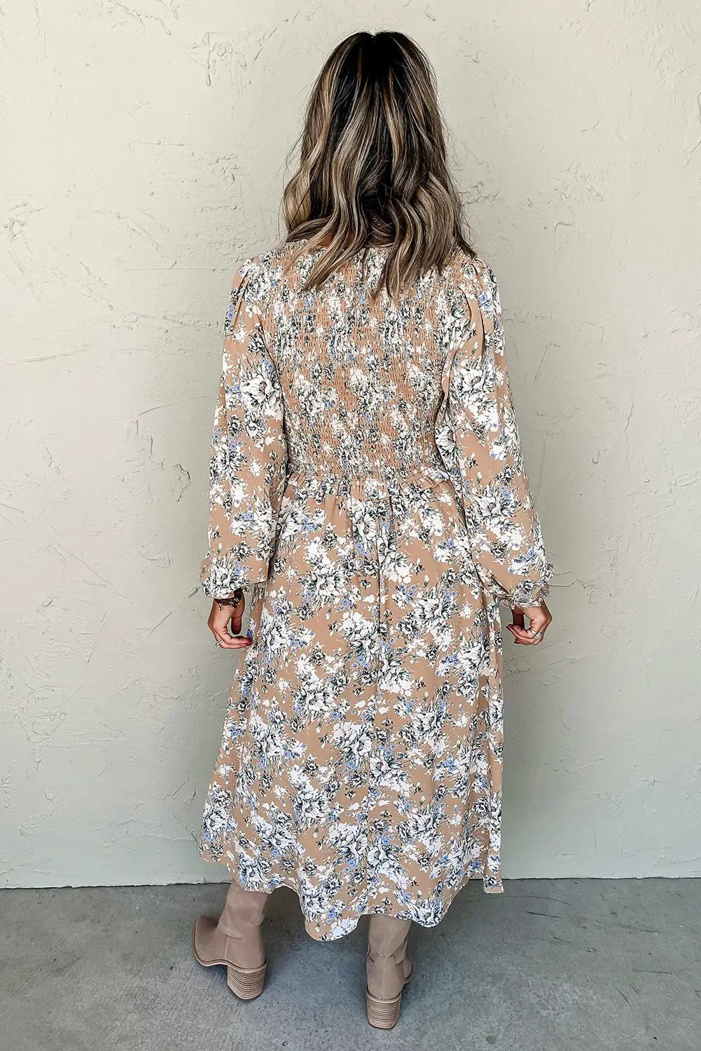 Grateful Threads Boutique Khaki Maple Grove Floral Smocked Puff Sleeve Long Dress - Dresses Khaki Maple Grove Floral Smocked Puff Sleeve Long Dress