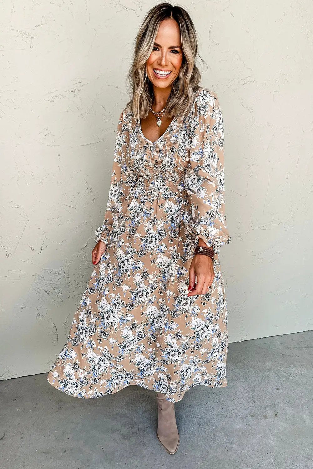 Grateful Threads Boutique Khaki Maple Grove Floral Smocked Puff Sleeve Long Dress - Dresses Khaki Maple Grove Floral Smocked Puff Sleeve Long Dress