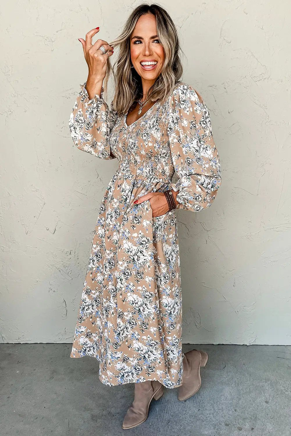 Grateful Threads Boutique Khaki Maple Grove Floral Smocked Puff Sleeve Long Dress - Dresses Khaki Maple Grove Floral Smocked Puff Sleeve Long Dress