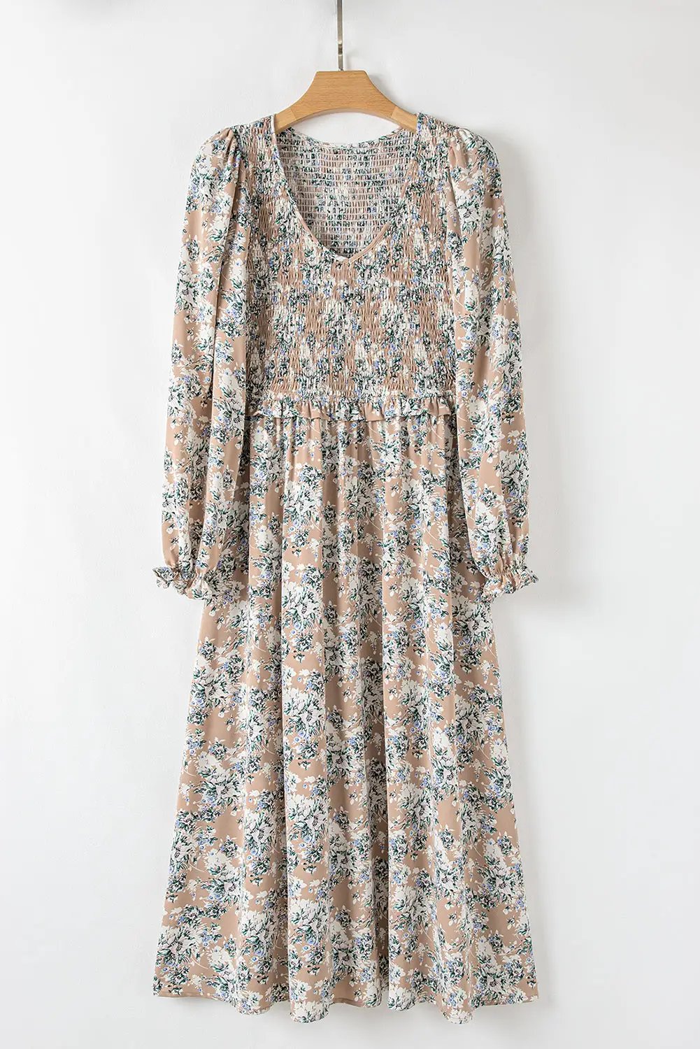Grateful Threads Boutique Khaki Maple Grove Floral Smocked Puff Sleeve Long Dress - Dresses Khaki Maple Grove Floral Smocked Puff Sleeve Long Dress