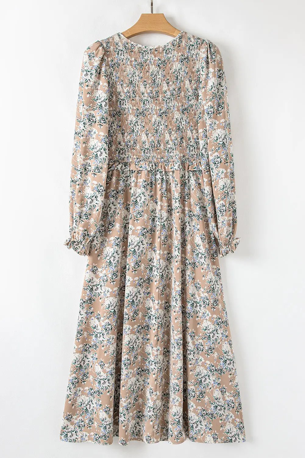 Grateful Threads Boutique Khaki Maple Grove Floral Smocked Puff Sleeve Long Dress - Dresses Khaki Maple Grove Floral Smocked Puff Sleeve Long Dress