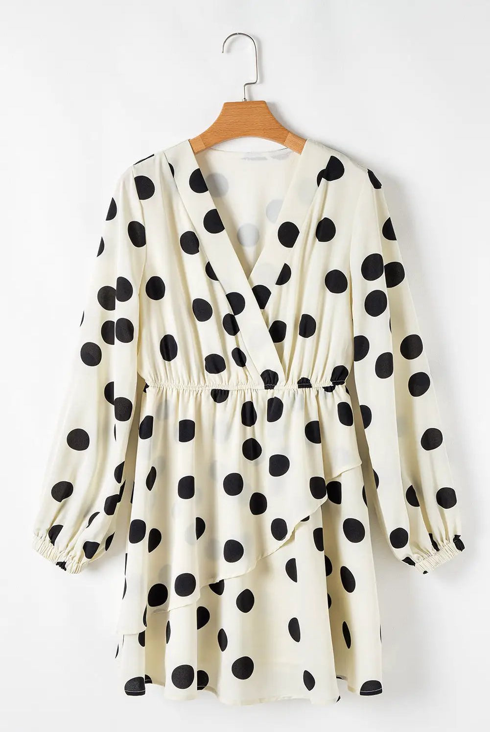 Grateful Threads Boutique Beige Polka Dot Printed Suplice V-Neck Puff Sleeve Mini Dress - Dresses polka dot v neck puff sleeve dress