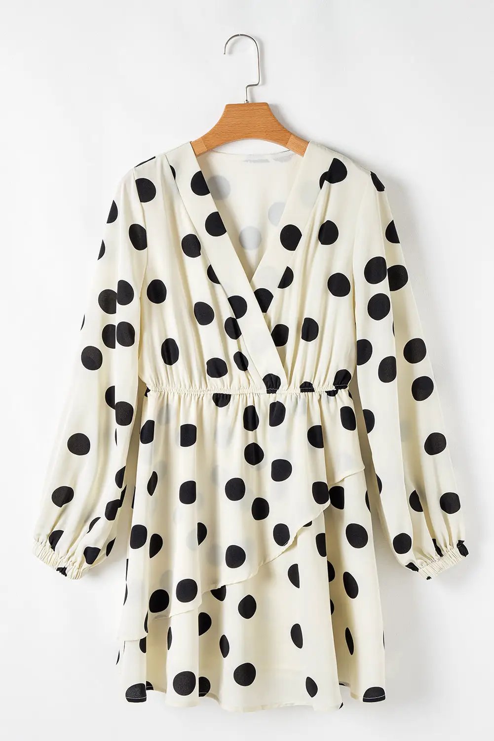 Grateful Threads Boutique Beige Polka Dot Printed Suplice V-Neck Puff Sleeve Mini Dress - Dresses polka dot v neck puff sleeve dress