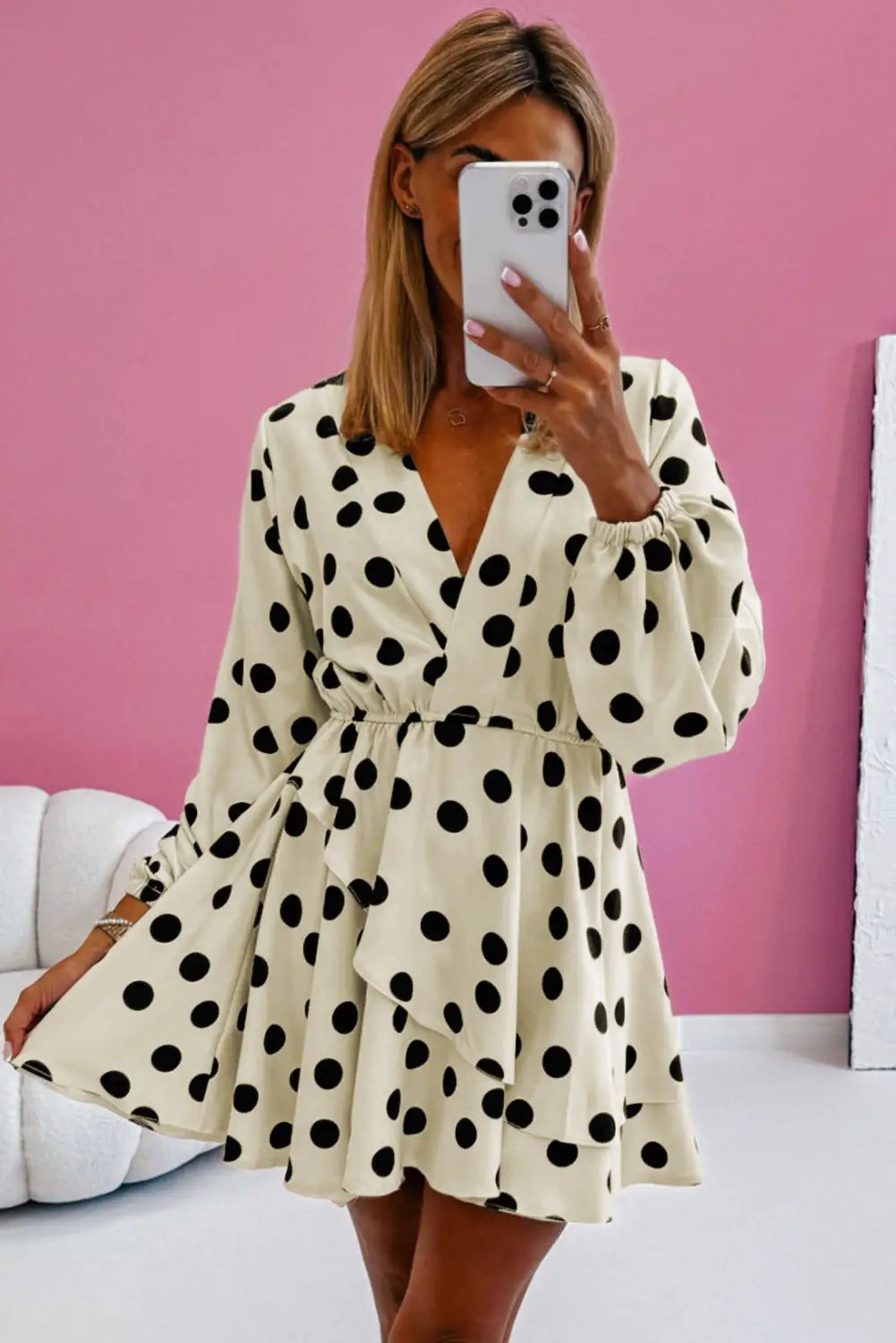 Grateful Threads Boutique Beige Polka Dot Printed Suplice V-Neck Puff Sleeve Mini Dress - Dresses polka dot v neck puff sleeve dress