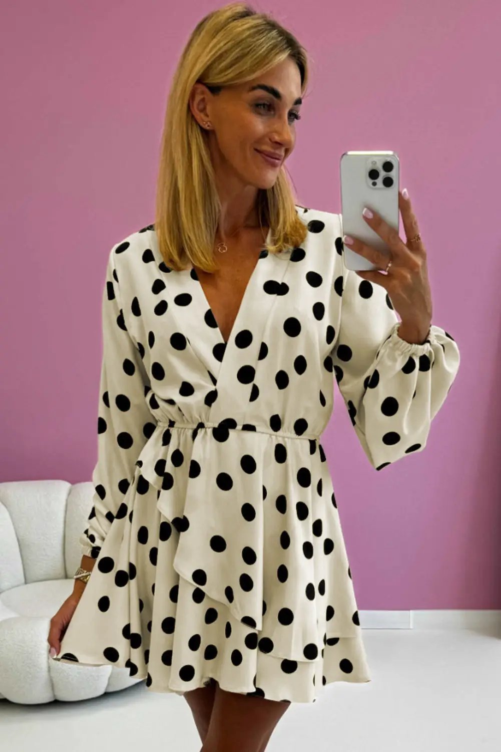 Grateful Threads Boutique Beige Polka Dot Printed Suplice V-Neck Puff Sleeve Mini Dress - Dresses polka dot v neck puff sleeve dress
