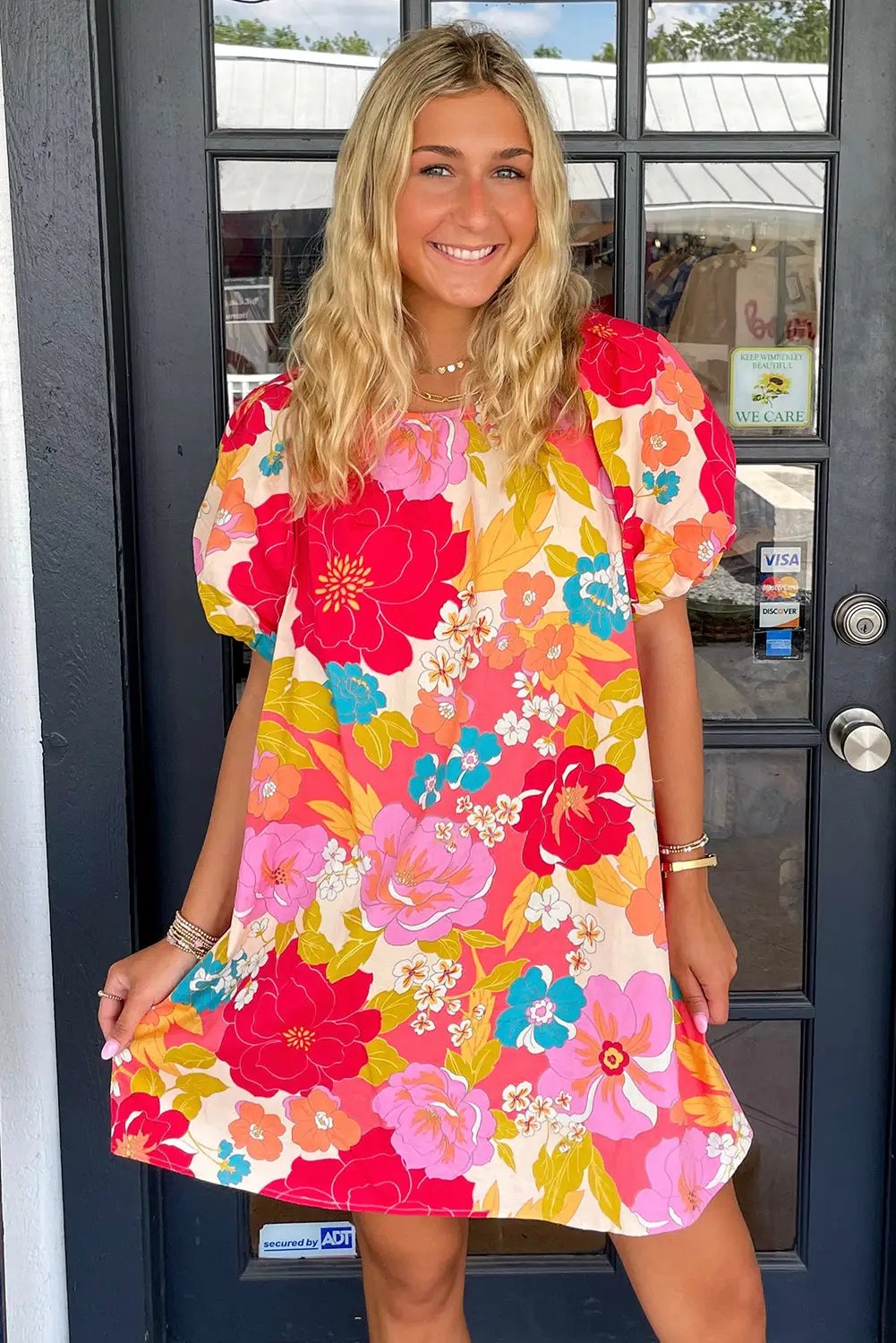 Grateful Threads Boutique Pink Floral Print Bubble Short Sleeve Dress - Dresses Pink Floral Print Bubble Short Sleeve Dress