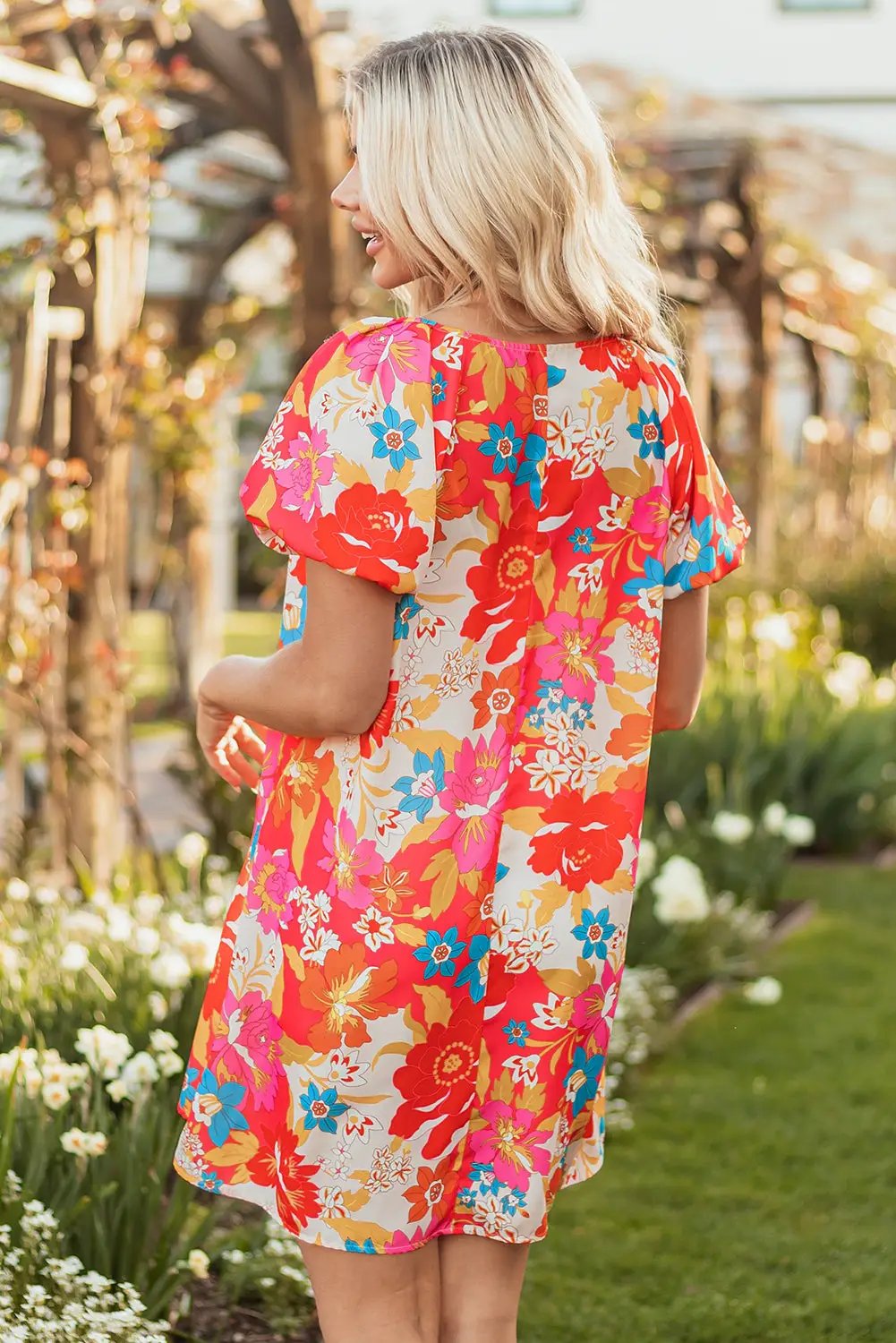 Grateful Threads Boutique Pink Floral Print Bubble Short Sleeve Dress - Dresses Pink Floral Print Bubble Short Sleeve Dress
