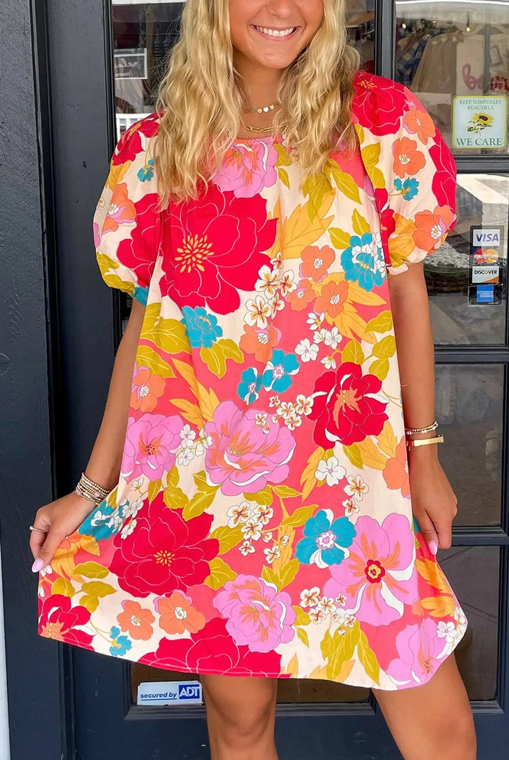 Grateful Threads Boutique Pink Floral Print Bubble Short Sleeve Dress - Dresses Pink Floral Print Bubble Short Sleeve Dress