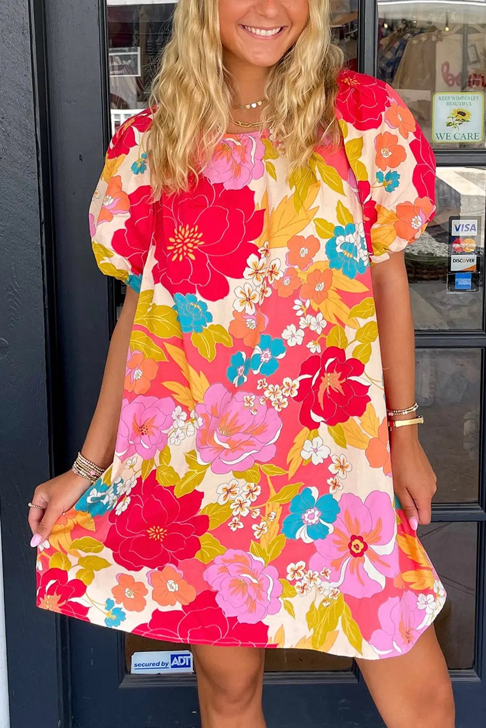 Grateful Threads Boutique Pink Floral Print Bubble Short Sleeve Dress - Dresses Pink Floral Print Bubble Short Sleeve Dress