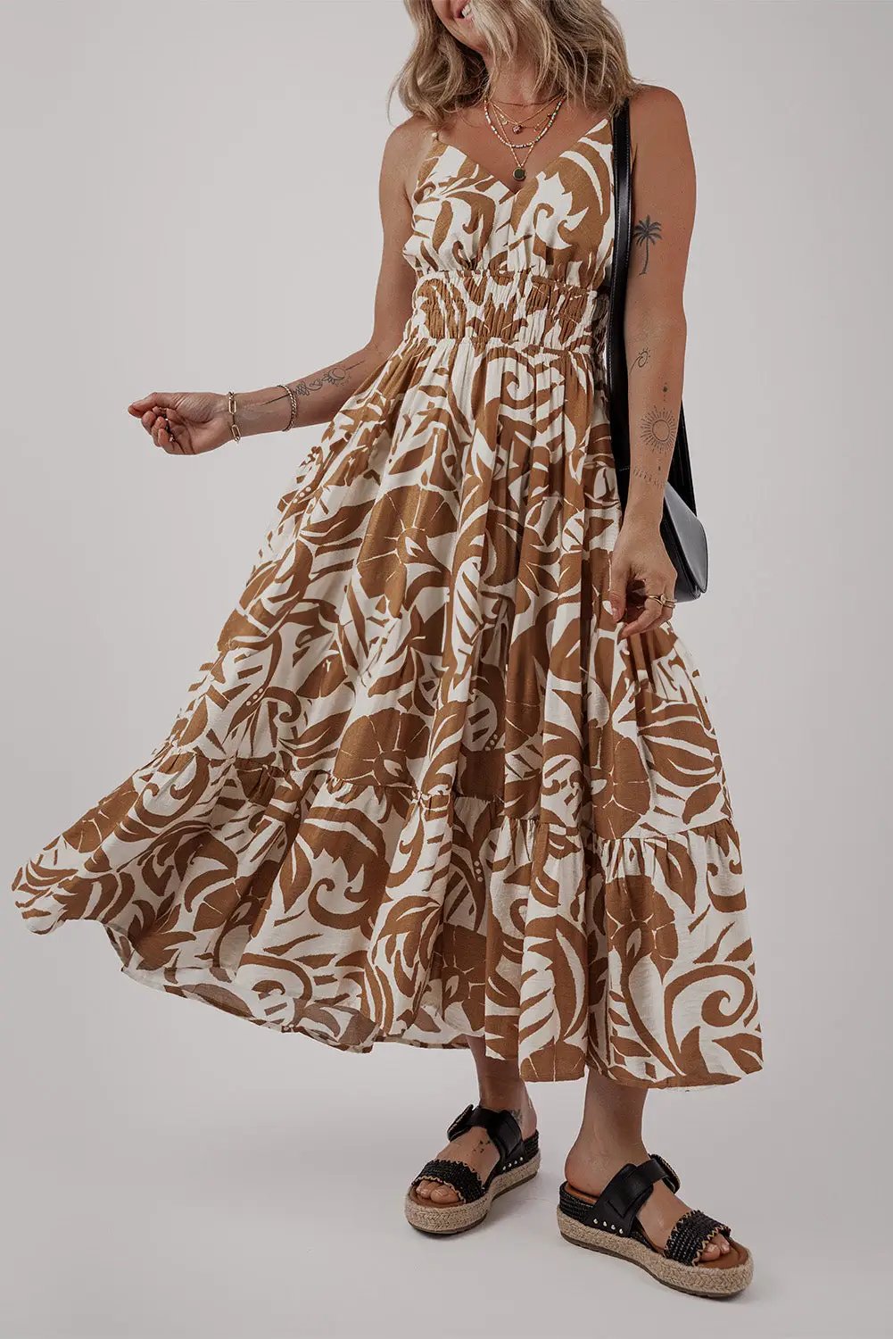 Grateful Threads Boutique Khaki Floral Shirred High Waist Spaghetti Straps Maxi Dress - Dresses