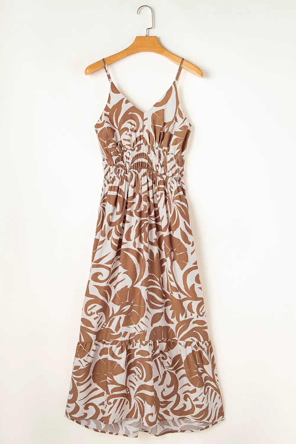 Grateful Threads Boutique Khaki Floral Shirred High Waist Spaghetti Straps Maxi Dress - Dresses