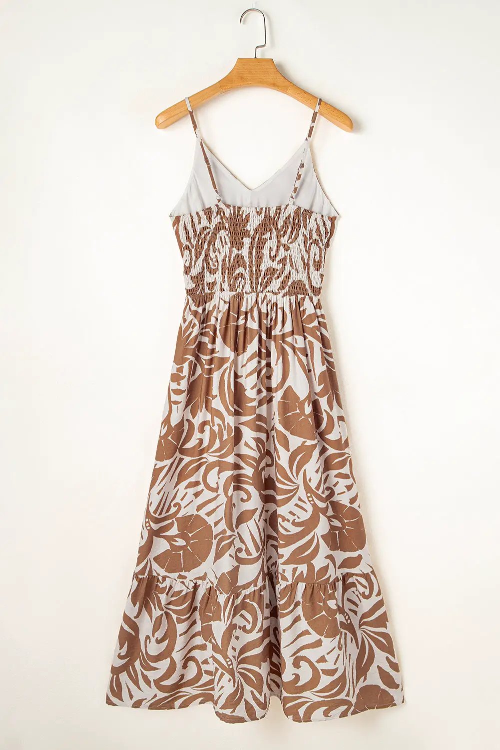 Grateful Threads Boutique Khaki Floral Shirred High Waist Spaghetti Straps Maxi Dress - Dresses