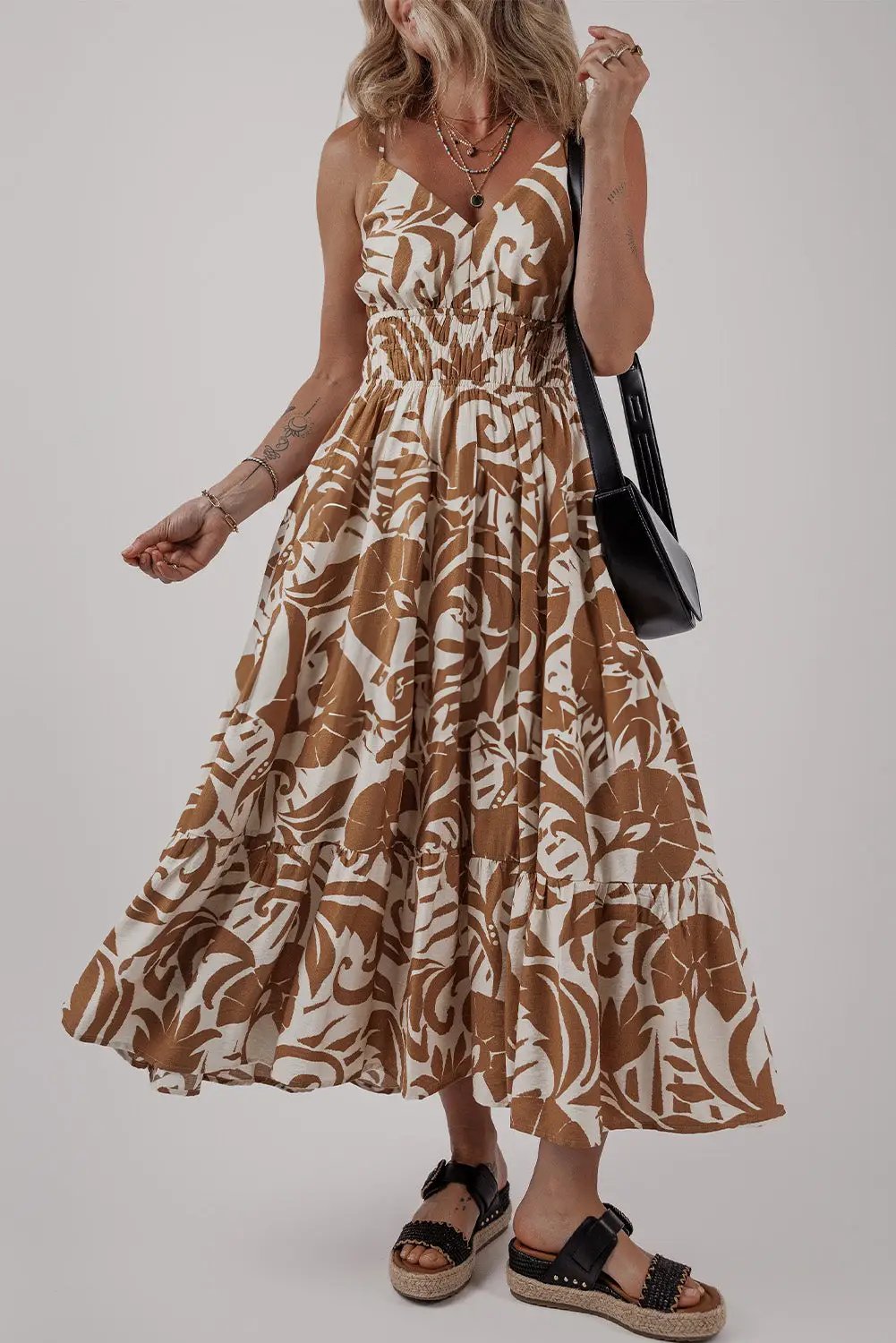 Grateful Threads Boutique Khaki Floral Shirred High Waist Spaghetti Straps Maxi Dress - Dresses