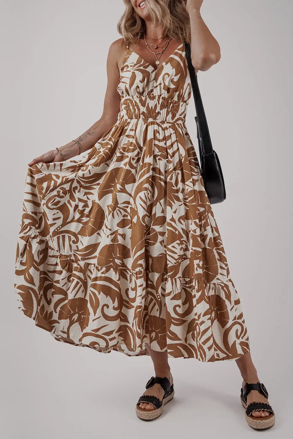 Grateful Threads Boutique Khaki Floral Shirred High Waist Spaghetti Straps Maxi Dress - Dresses
