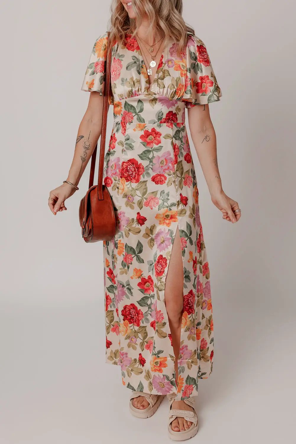 Grateful Threads Boutique Garden Party Escape Maxi Dress - Dresses vintage floral v neck short sleeve tie back long slit dress