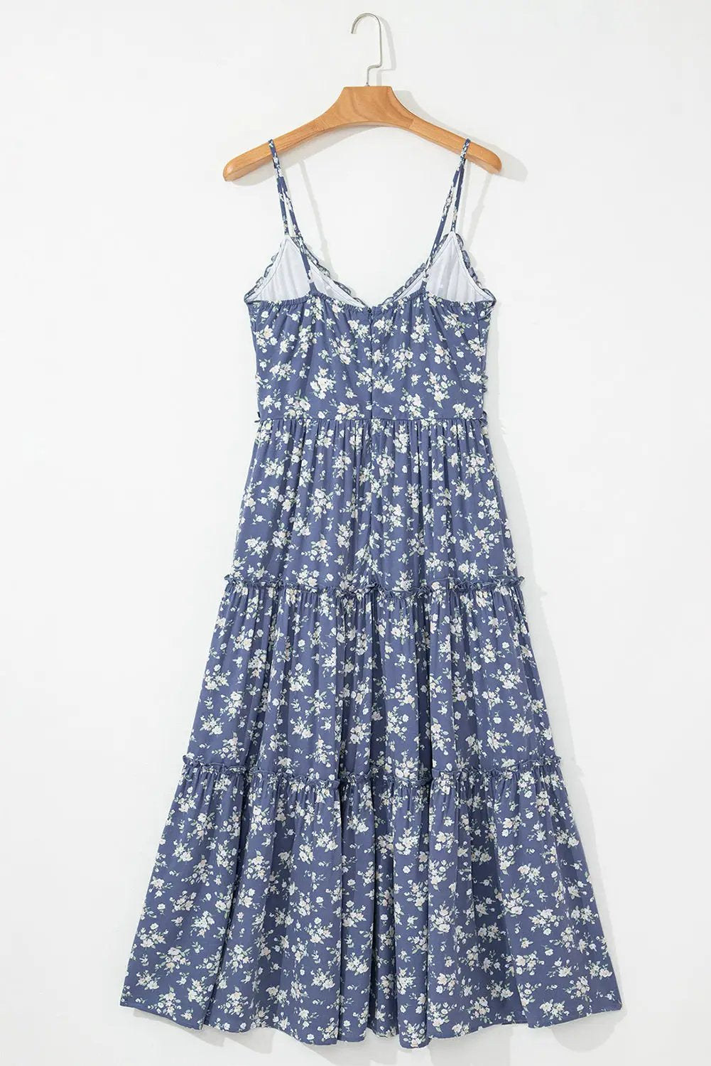 Grateful Threads Boutique Blue Floral Spaghetti Strap Frilled V-Neck Tiered Midi Dress - Dresses Blue Floral Spaghetti Strap Frilled V Neck Tiered Midi Dress