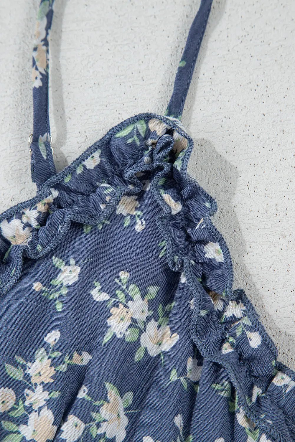 Grateful Threads Boutique Blue Floral Spaghetti Strap Frilled V-Neck Tiered Midi Dress - Dresses Blue Floral Spaghetti Strap Frilled V Neck Tiered Midi Dress