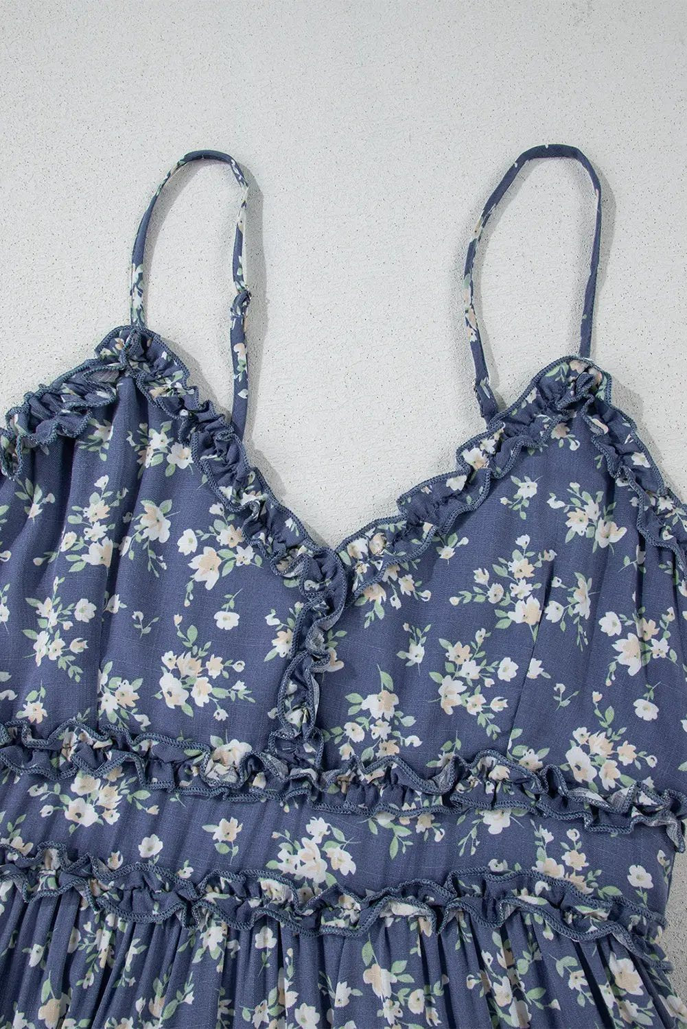 Grateful Threads Boutique Blue Floral Spaghetti Strap Frilled V-Neck Tiered Midi Dress - Dresses Blue Floral Spaghetti Strap Frilled V Neck Tiered Midi Dress