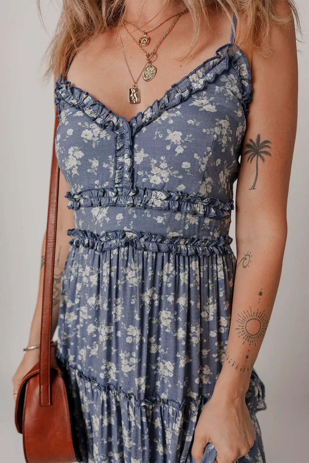 Grateful Threads Boutique Blue Floral Spaghetti Strap Frilled V-Neck Tiered Midi Dress - Dresses Blue Floral Spaghetti Strap Frilled V Neck Tiered Midi Dress