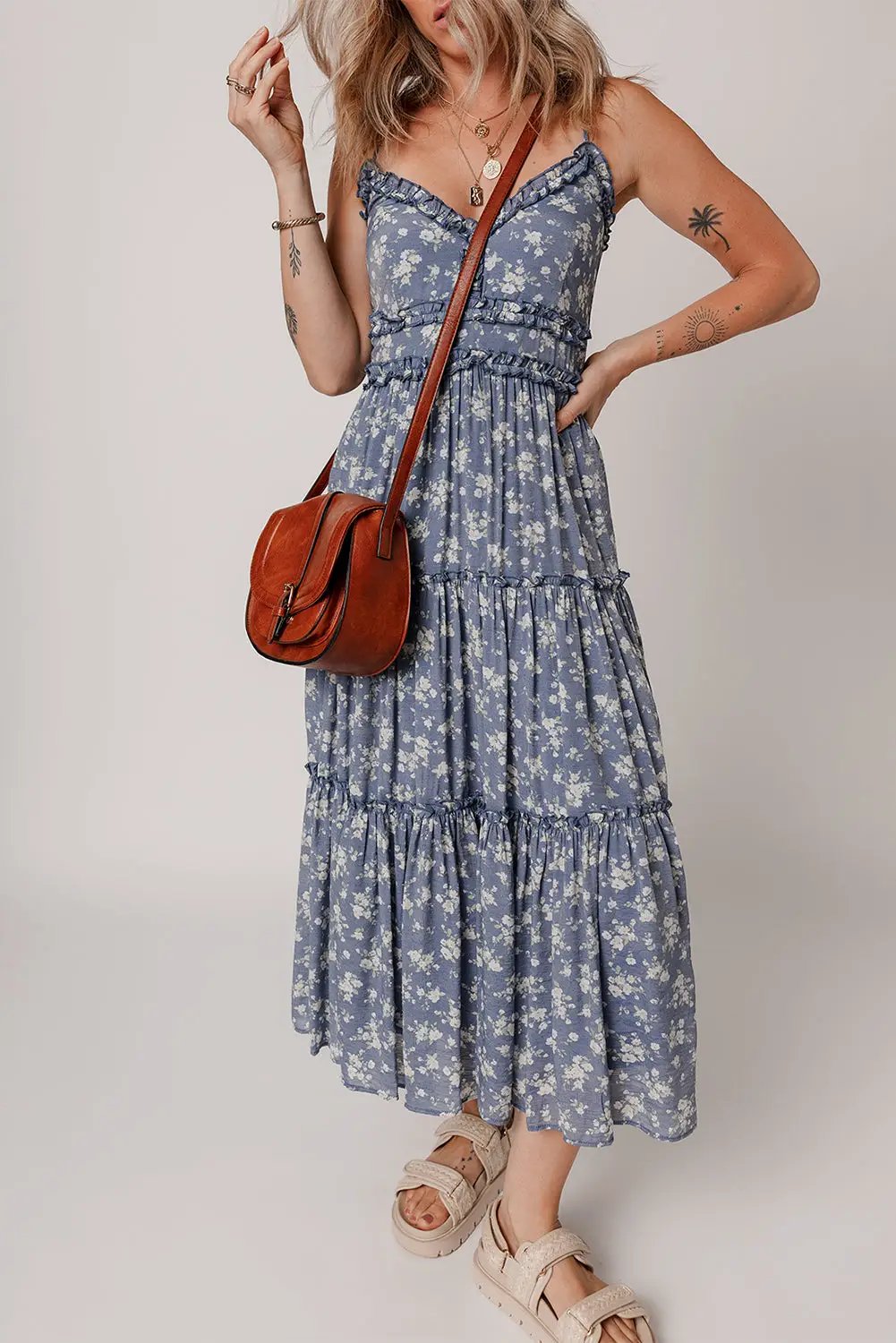 Grateful Threads Boutique Blue Floral Spaghetti Strap Frilled V-Neck Tiered Midi Dress - Dresses Blue Floral Spaghetti Strap Frilled V Neck Tiered Midi Dress