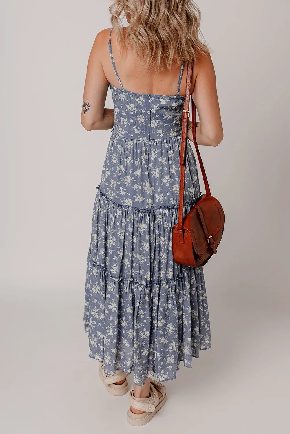 Grateful Threads Boutique Blue Floral Spaghetti Strap Frilled V-Neck Tiered Midi Dress - Dresses Blue Floral Spaghetti Strap Frilled V Neck Tiered Midi Dress