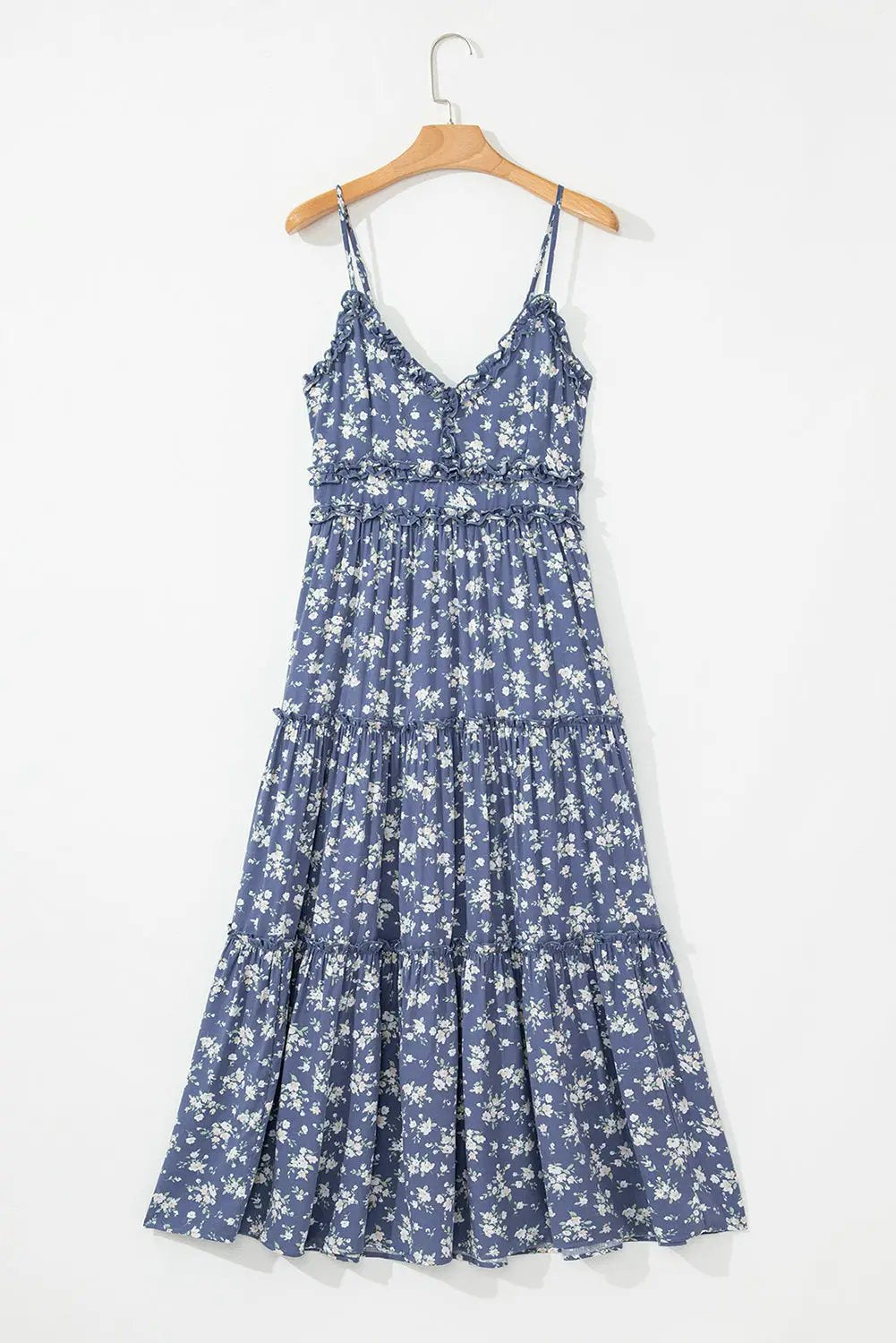 Grateful Threads Boutique Blue Floral Spaghetti Strap Frilled V-Neck Tiered Midi Dress - Dresses Blue Floral Spaghetti Strap Frilled V Neck Tiered Midi Dress