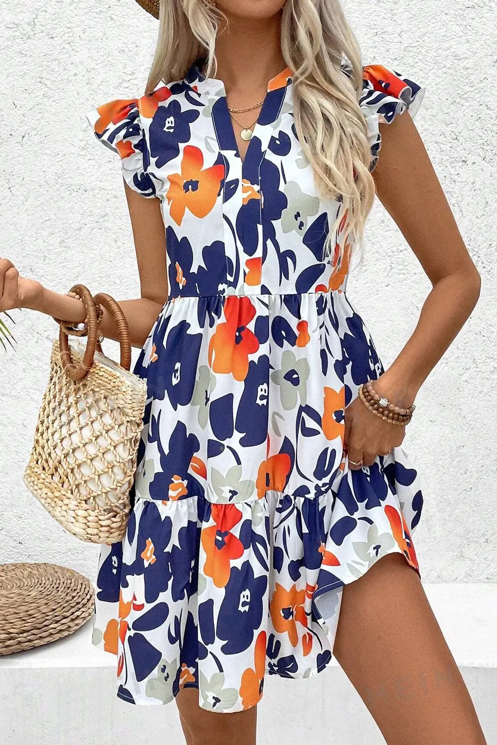 Grateful Threads Boutique Floral Print Notched Neck Flutter Sleeve Mini Dress - Dresses orange floral flutter sleeve mini dress
