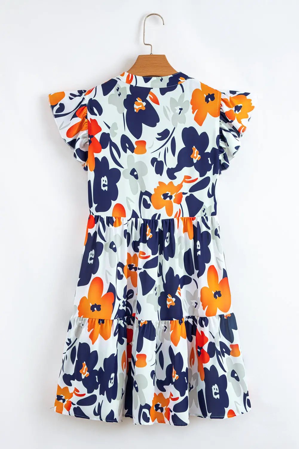 Grateful Threads Boutique Floral Print Notched Neck Flutter Sleeve Mini Dress - Dresses orange floral flutter sleeve mini dress
