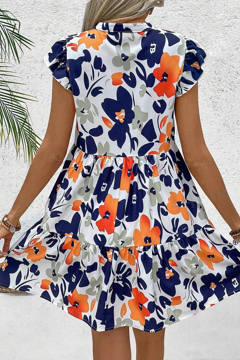 Grateful Threads Boutique Floral Print Notched Neck Flutter Sleeve Mini Dress - Dresses orange floral flutter sleeve mini dress