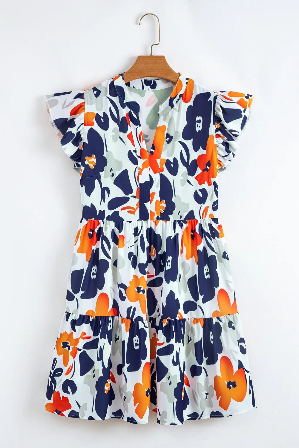 Grateful Threads Boutique Floral Print Notched Neck Flutter Sleeve Mini Dress - Dresses orange floral flutter sleeve mini dress