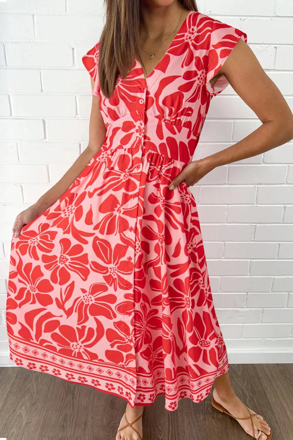 Grateful Threads Boutique Red Boho Floral Short Sleeve V-Neck Buttoned Shirred Waist Long Dress - Dresses Red Boho Floral Short Sleeve V Neck Buttoned Shirred Waist Long Dress