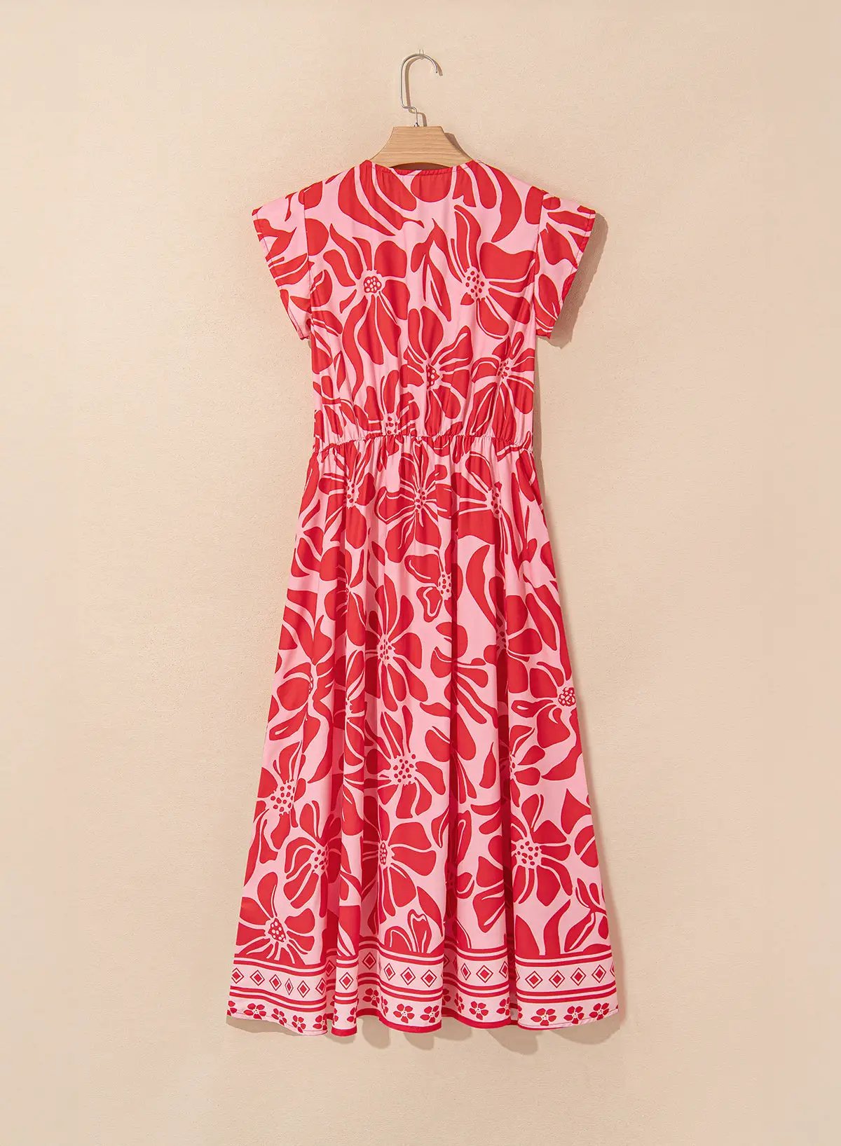 Grateful Threads Boutique Red Boho Floral Short Sleeve V-Neck Buttoned Shirred Waist Long Dress - Dresses Red Boho Floral Short Sleeve V Neck Buttoned Shirred Waist Long Dress